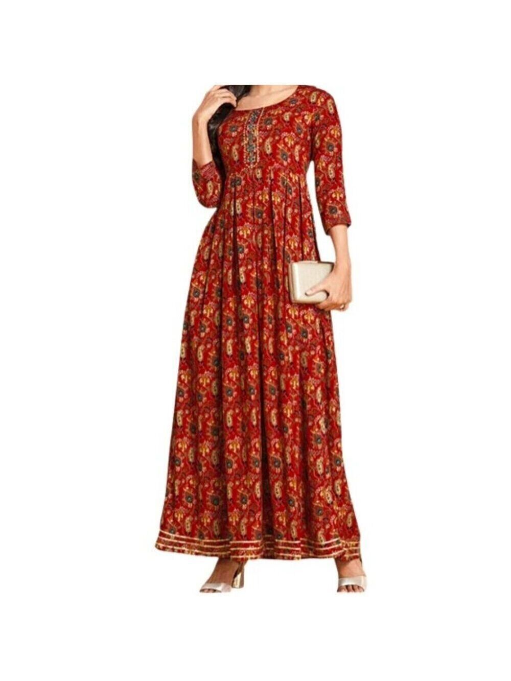 Arhaa Red Paisley Viscose Fit & Flare 3/4 Sleeve Boho Ethnic Maxi Dress Size S